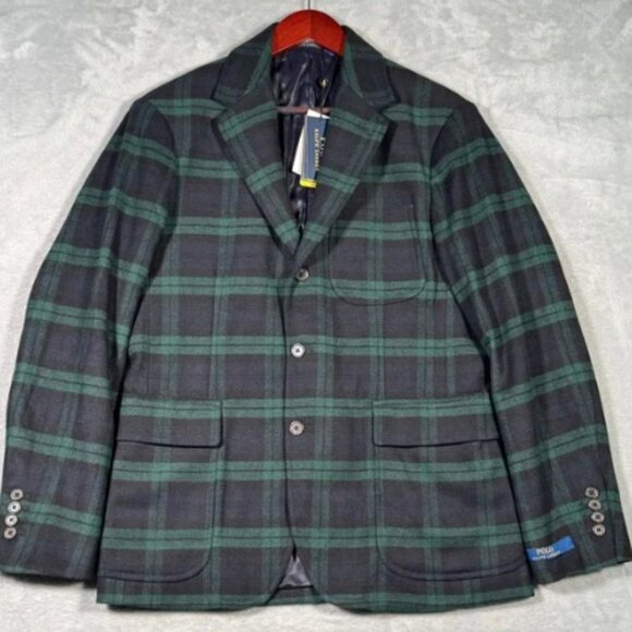 Ralph Lauren Blazer 38R Green Blackwatch Plaid Jacket Wool Blend Modern Twill - Picture 1 of 13